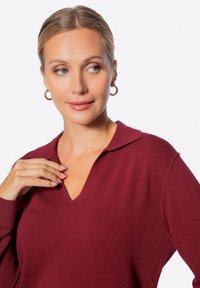 Burgunderfarbener Pullover mit V-Ausschnitt und Kragen, aus weichem Stoff. Verfügt über lange Ärmel und eine lockere Passform.