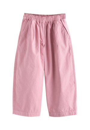 Pantalones cortos de pierna ancha en color rosa con cintura elástica y bolsillos laterales, confeccionados en tela ligera.