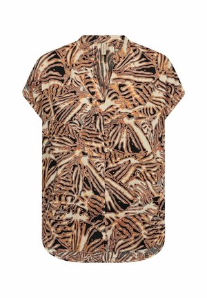 Košeľa s krátkym rukávom s abstraktným hnedo-bežovým vzorom, s golierom a voľným strihom, vyrobená z ľahkej tkaniny.