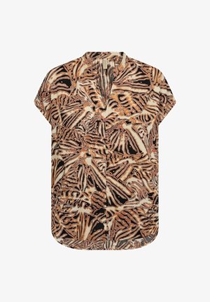 Īsām piedurkņu krekls ar abstraktu brūnu un bēšu rakstu, ar apkakli un brīvu piegriezumu, izgatavots no viegla auduma.