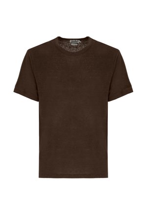 Bruine T-shirt met korte mouwen, ronde hals, zichtbare gebreide textuur en een slanke pasvorm.