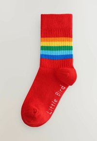 calcetín rojo con rayas de colores del arcoíris cerca del puño y texto blanco "Pequeño Pájaro" a lo largo del lado del pie.
