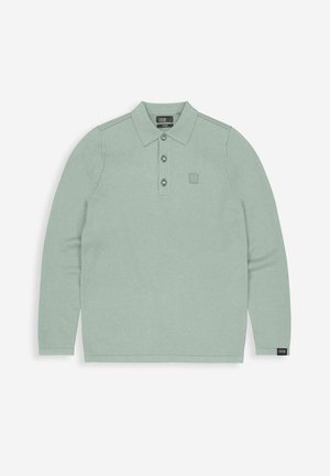 Polo shirt met lange mouwen in zachte mintgroene stof, met een klassieke kraag, drie knopen en een klein logo op de borst.