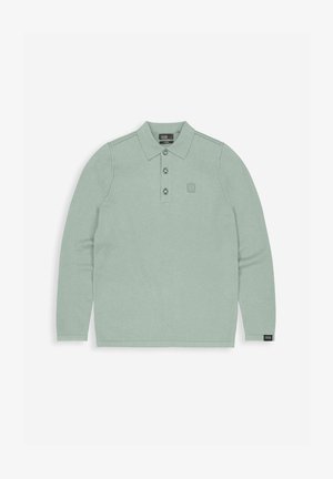 Polo shirt met lange mouwen in zachte mintgroene stof, met een klassieke kraag, drie knopen en een klein logo op de borst.