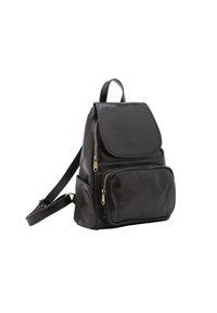 Zwarte leren rugzak met een klep en twee ritszakken. Voorzien van verstelbare schouderbanden en gouden hardware. Gladde textuur, gestructureerde vorm.