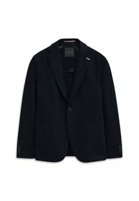Schwarzer Blazer aus strukturiertem Stoff, mit einem einzelnen Knopfverschluss, aufgeschlagenem Revers und zwei Fronttaschen. Logo-Akzent am Revers.