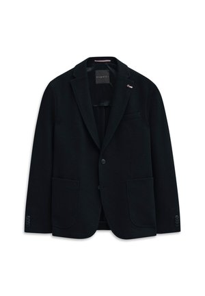 Schwarzer Blazer aus strukturiertem Stoff, mit einem einzelnen Knopfverschluss, aufgeschlagenem Revers und zwei Fronttaschen. Logo-Akzent am Revers.