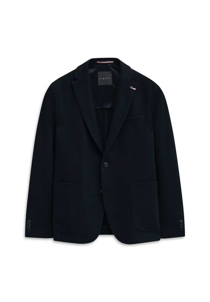 Schwarzer Blazer aus strukturiertem Stoff, mit einem einzelnen Knopfverschluss, aufgeschlagenem Revers und zwei Fronttaschen. Logo-Akzent am Revers.