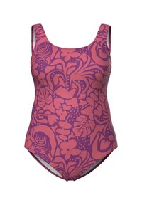 Maillot de bain une pièce à bretelles larges, avec un motif abstrait floral et feuillagé en rose et violet.