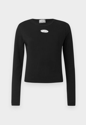 Svart langermet T-skjorte laget av bomull med rund hals, med et sølvfarget oval logo plassert midt foran.