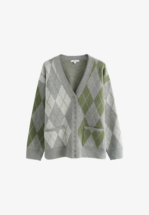 Grau-grüner Argyle-Cardigan aus weichem Material, mit V-Ausschnitt, Knopfleiste und zwei aufgesetzten Taschen.