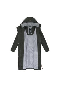 Tamsiai žalias ilgas paltas su pilkos spalvos vilnos pamušalu gobtuvu, sidabrine vidine pamušalu, spaustukais ir logotipo etikete prie kaklo.