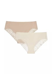 Paket mit zwei Damenslips in Beige und Hellcreme. Mit Spitzenbesatz an den Beinen, weichem Stoff und nahtlosem Design für Komfort.