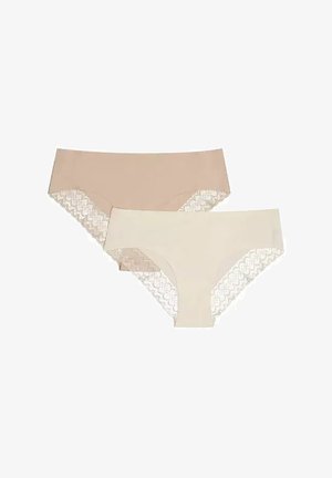 Zestaw dwóch par damskich majtek w odcieniach beżowym i jasnej kremowej. Posiada koronkowe wykończenie na nogawkach, miły w dotyku materiał oraz bezszwową konstrukcję dla maksymalnego komfortu.