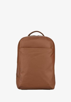Brown leather backpack with a smooth texture, rectangular shape, top handle, and a front pocket for easy access.