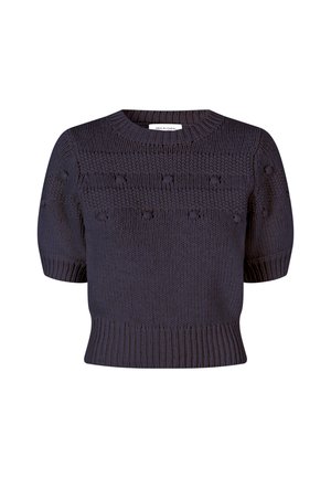 Kurzarmpullover aus Strick in dunkelblau mit strukturierten Mustern und geripptem Saum. Verfügt über einen Rundhalsausschnitt und Bommel-Details im gesamten Design.