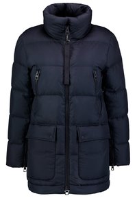 Mörkblå puffjacka med hög krage, dragkedja framtill och två sidofickor. Har en quiltad design och textilmaterial för värme.