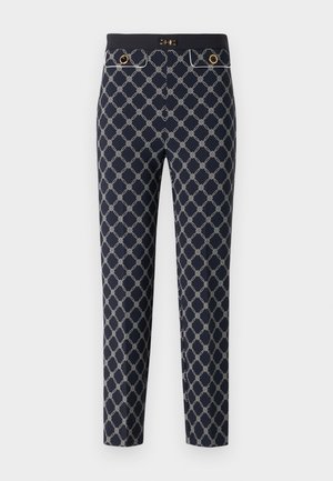 Navy patterned trousers featuring a geometric design with white accents. Includes gold hardware and a slim, tailored fit.