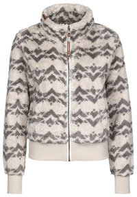 Béžová bunda z umělé kožešiny se šedým cikcak vzorem. Má vysoký límec, zapínání na zip a žebrované manžety a lem pro těsné přilnutí.