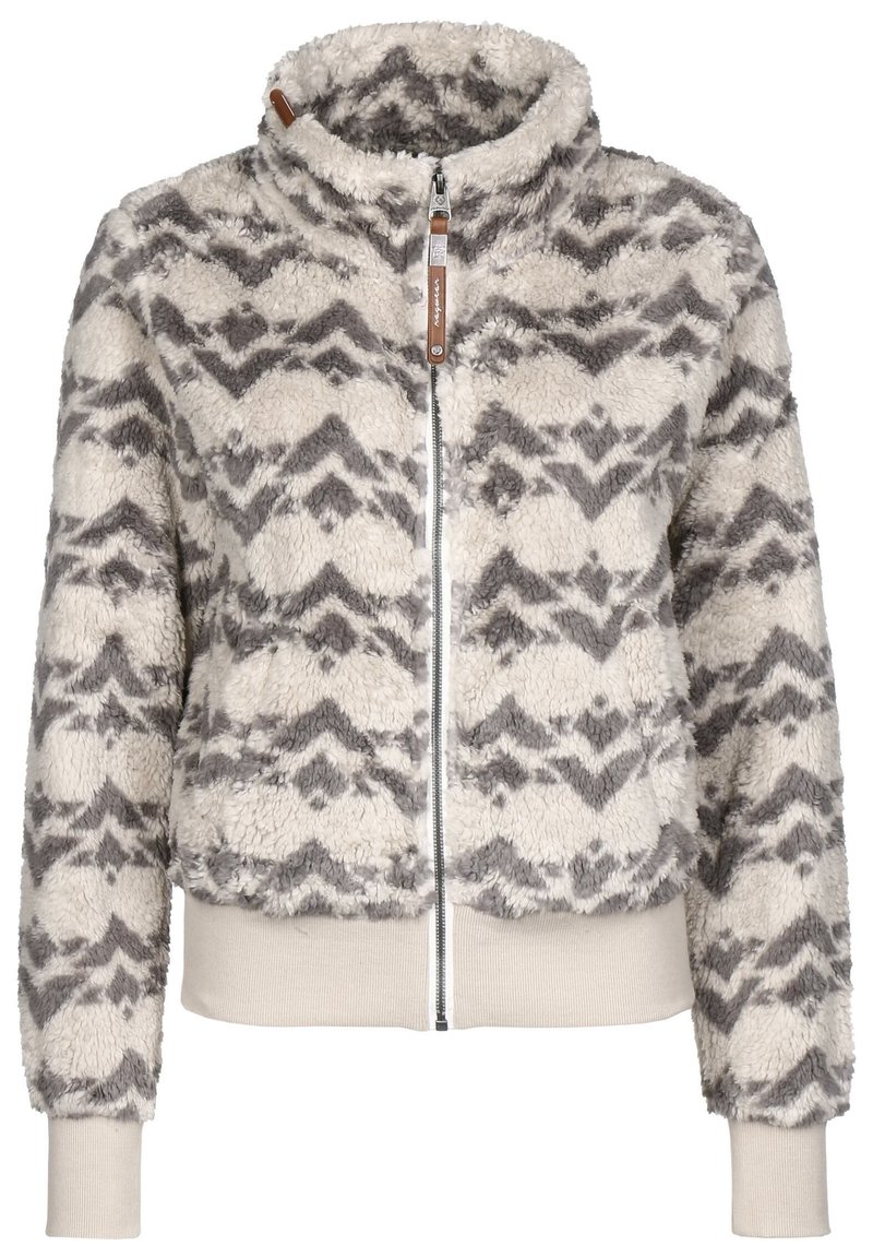 Béžová bunda z umělé kožešiny se šedým cikcak vzorem. Má vysoký límec, zapínání na zip a žebrované manžety a lem pro těsné přilnutí.