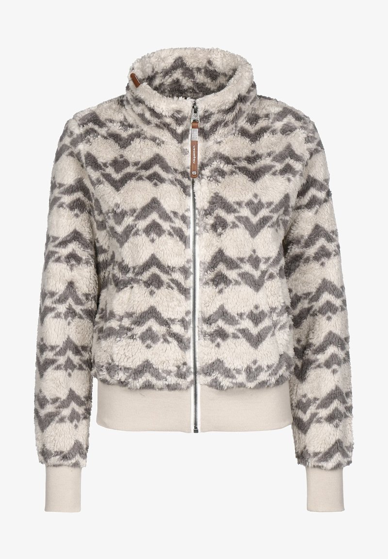 Béžová bunda z umělé kožešiny se šedým cikcak vzorem. Má vysoký límec, zapínání na zip a žebrované manžety a lem pro těsné přilnutí.