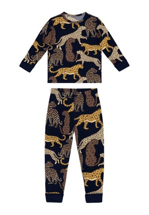 Pyjama deux pièces bleu marine pour enfants avec manches longues et pantalon avec motifs léopard et guépard jaunes, marron et beige.