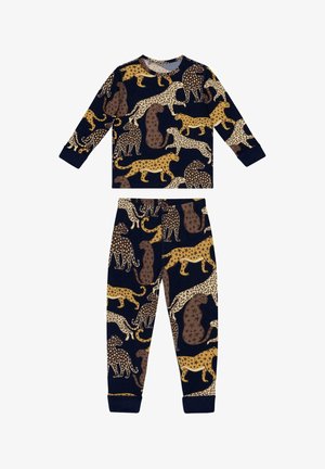 Kinder tweedelige marineblauwe pyjama met lange mouwen en broek met gele, bruine en beige luipaard- en jachtluipaardpatronen.