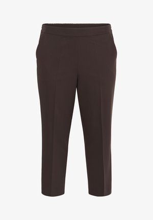 Brown, knee-length pants with an elastic waistband and side pockets, featuring a smooth texture and tailored design for a fitted look.