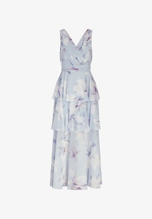 Kleid mit floralem Muster aus leicht blauer Stoff, V-Ausschnitt, geschichteter Gestaltung und sanften Falten. Merkmale größere weiße und lila Blumen.