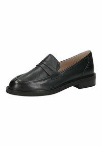 Mocasín de cuero negro con textura suave, presenta un diseño cosido, un tacón bajo y una punta redondeada.