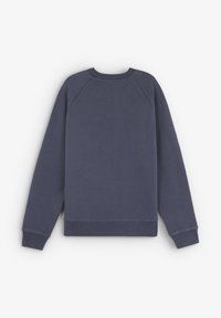 Donkerblauwe sweatshirt met raglanmouwen, geribde ronde hals, manchetten en zoom. Gladde textuur zonder zichtbare patronen of versieringen.