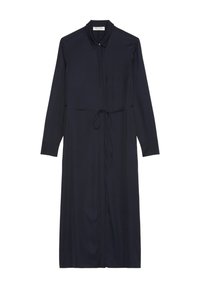 Abito estivo lungo da donna in tessuto leggero di colore blu navy. Presenta un collo, bottoni frontali e una cintura in vita regolabile per una vestibilità personalizzabile.