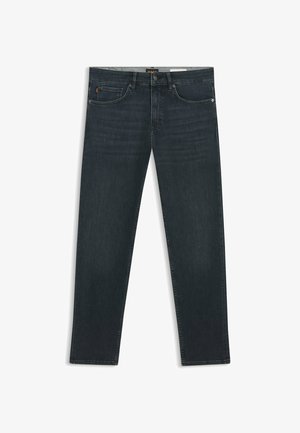 Dunkelblaue Jeans aus Denim mit geradem Bein, ausgestattet mit zwei vorderen Taschen und einem kleinen Logotag nahe dem Taillenbund. Glatte Textur und minimale Nähte.