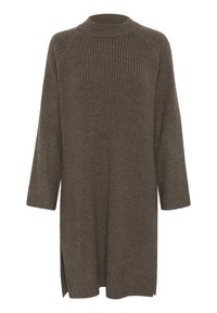 Brun stickad klänning med ribbat mönster, hög halsringning, trekvartsärmar och sidofickor för ökad rörelsefrihet.