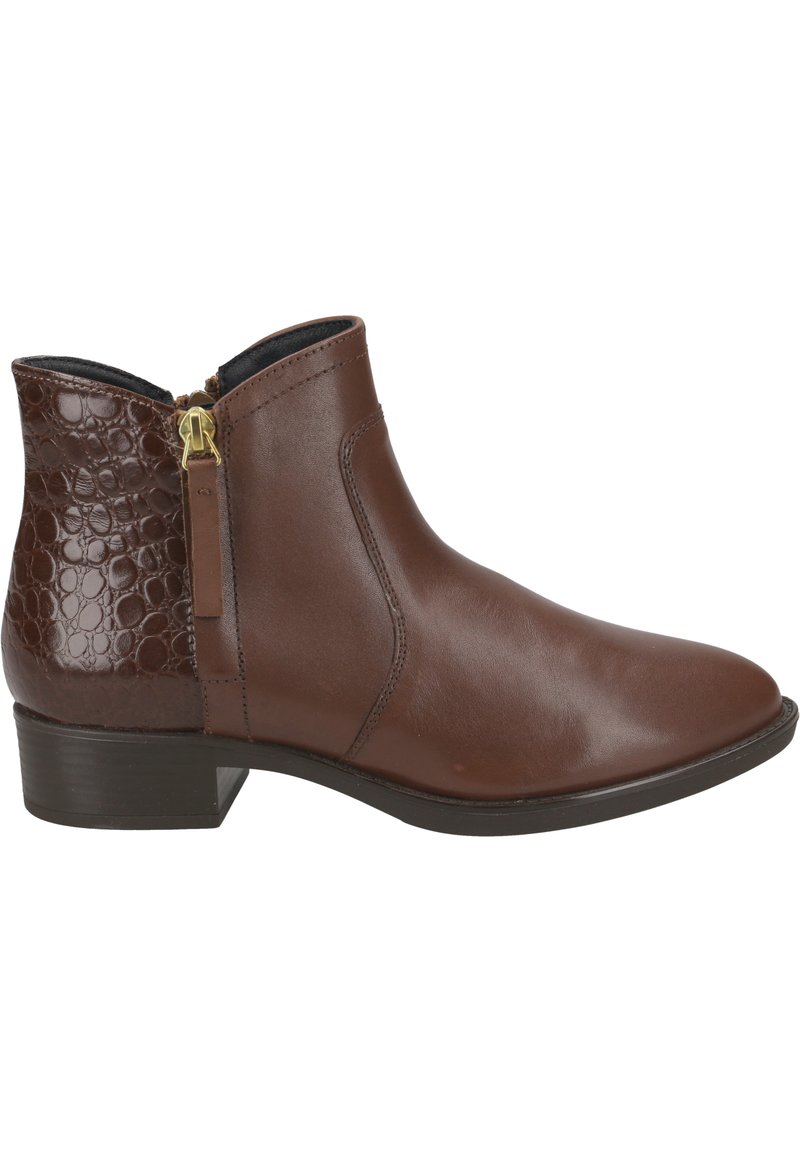 Stivale alla caviglia in pelle marrone con finitura liscia, pannello testurizzato marrone scuro, zip laterale e tacco basso. Design resistente per un uso quotidiano.