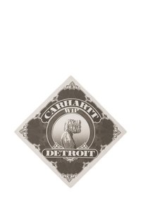 Adesivo con logo Carhartt WIP, caratterizzato da un design monocromatico con una silhouette e elementi decorativi, su uno sfondo chiaro.