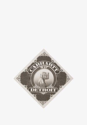 Adesivo con logo Carhartt WIP, caratterizzato da un design monocromatico con una silhouette e elementi decorativi, su uno sfondo chiaro.