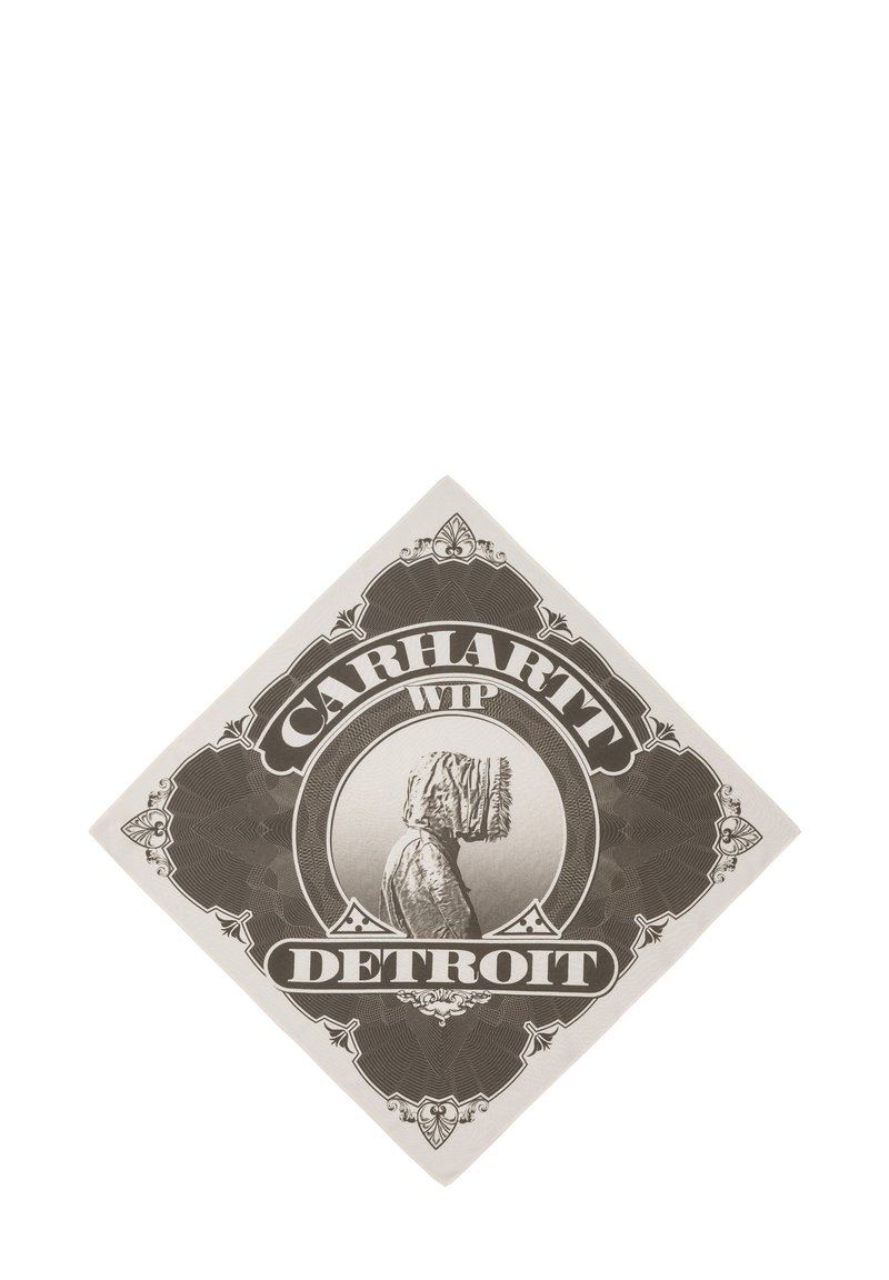 Adesivo con logo Carhartt WIP, caratterizzato da un design monocromatico con una silhouette e elementi decorativi, su uno sfondo chiaro.