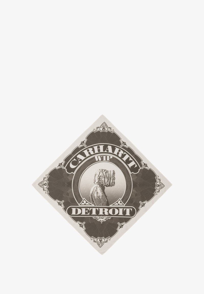 Adesivo con logo Carhartt WIP, caratterizzato da un design monocromatico con una silhouette e elementi decorativi, su uno sfondo chiaro.