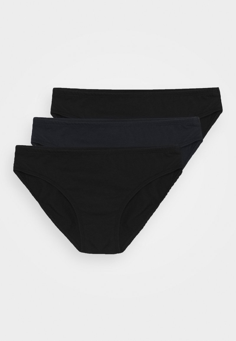 Tre paia di slip bikini senza cuciture in nero solido e blu scuro, realizzati in morbido cotone, con un classico taglio a vita bassa.