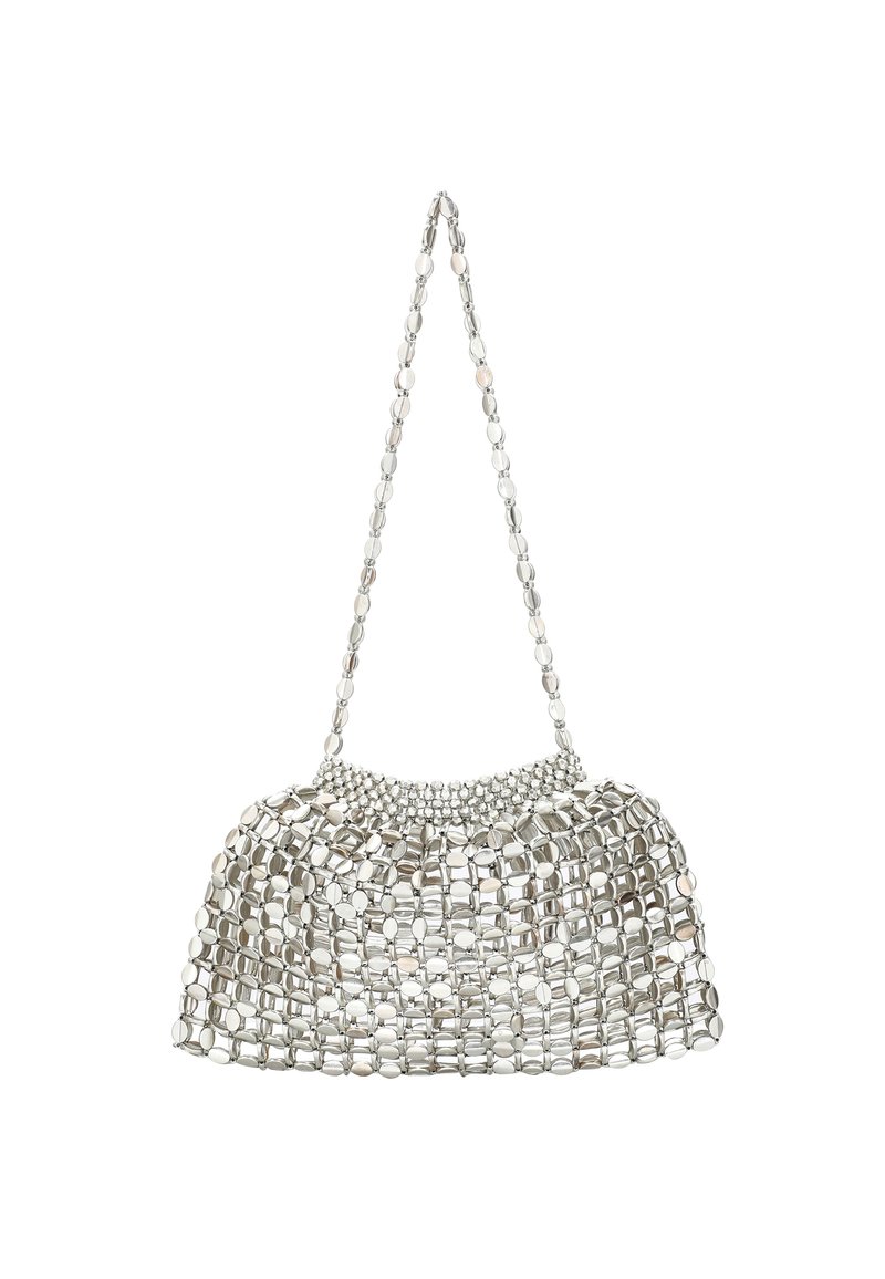 Borsa a rete metallica con una forma strutturata. Presenta una parte superiore decorata con perline e una singola tracolla, mettendo in risalto una superficie lucida e riflettente.