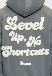 Sweat à capuche gris avec un texte blanc en gras disant « Level Up, No Shortcuts » et un petit logo « Dropsize » en dessous, au dos.