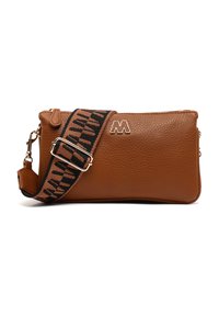 Brown leather crossbody bag with a textured finish, featuring a black and orange patterned strap and a metallic logo accent.