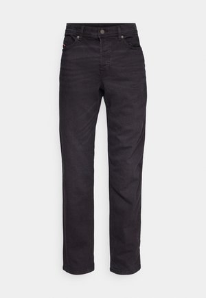 Μαύρα τζιν παντελόνια με κατευθείαν γραμμή, διακριτική φθορά, στυλ πέντε τσεπών και μεταλλικό κούμπωμα στη μέση.