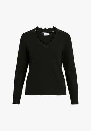 Pulover tricotat negru cu mâneci lungi, guler în V și margine ondulată, având detalii delicate decupate de-a lungul gulerului.