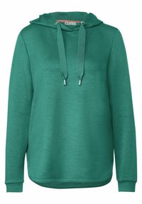 Zelená mikina s kapucí z měkké látky, s nastavitelnou šňůrkou na kapuci, dlouhými rukávy a zaobleným lemem. Hladká textura s minimálním zdobením.