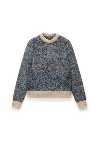 Gruby sweter z dzianiny w odcieniach niebieskiego i brązowego, z ecru kołnierzem oraz ściągaczem u dołu. Długie rękawy o teksturowanym wykończeniu.