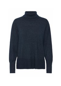 Marineblaue Rollkragenpullover mit entspanntem Design, langen Ärmeln sowie geripptem Saum und Bündchen, gefertigt aus strukturiertem Strickmaterial.