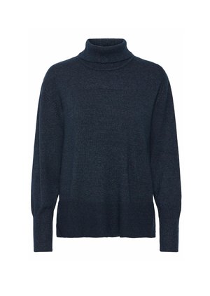 Pulover turtleneck de culoare bleumarin, cu un design relaxat, mâneci lungi și tivuri și manșete cu dungi, realizat dintr-un material tricotat texturat.