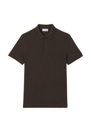 Donkerbruine polo shirt met korte mouwen, kraag, knoopsluiting en een klein geborduurd krokodillenlogo op de linkerborst.